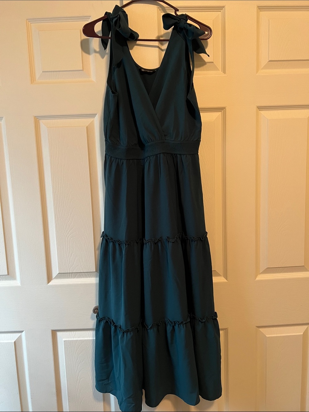 Pretty Garden Women's Teal  shoulder tie detail Tiered Maxi Dress, Medium